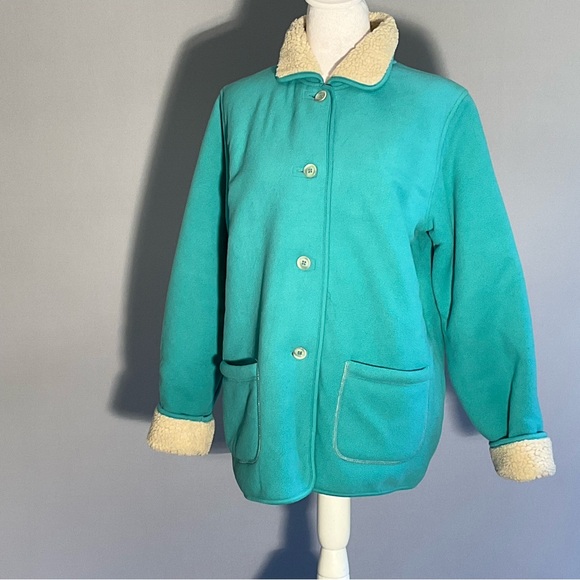 Denim & Co Turquoise Fleece Jacket Sherpa Collar Cozy Casual Button Front - Picture 13 of 16